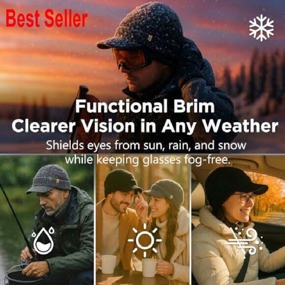 Merino Wool Blend Winter Beanie Fleece Lined Waterproof Brim Visor Cap Unisex